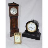 A wooden clock modelled as a Victorian black slate mantel clock, together with an early 20th Century