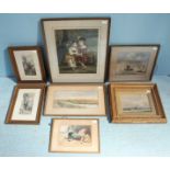 A collection of seven assorted watercolour studies and prints including a 19th century shoreline