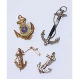 Four fouled anchor brooches comprising a 9ct gold sweetheart brooch 'HMS Delphinium, gilt metal