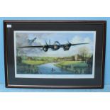 A limited edition print of WWII bombers flying low over fields with figures and windmill in