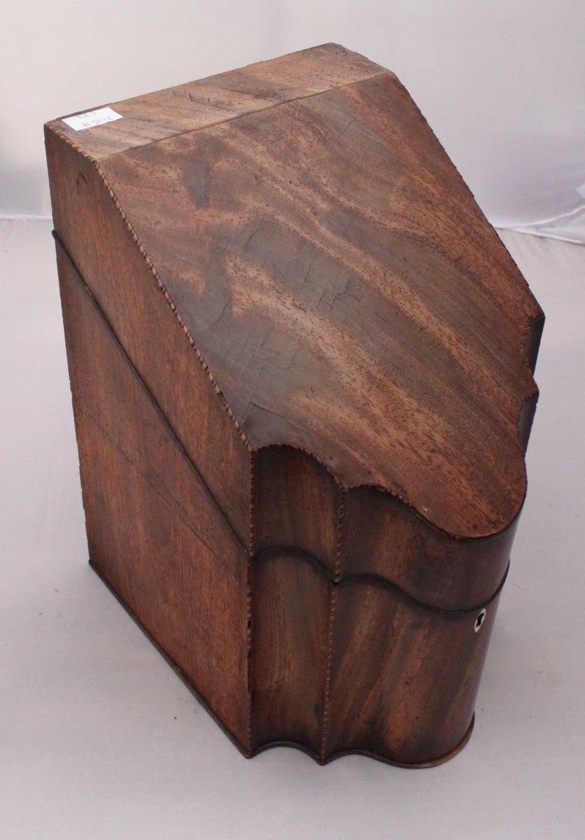 A George III inlaid mahogany knife box, with sloping cover enclosing a fitted interior for various - Image 2 of 2