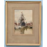 Rowland Langmaid (1897-1956), H.M.S. Victory viewed to the stern in dry dock, signed, watercolour on