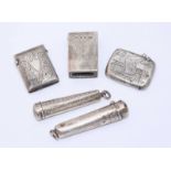 Two silver cheroot holders together with two silver vesta cases and a matchbox cover, Birmingham,