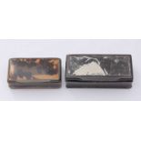 A horn-carved snuff box of rectangular form with hinged cover, together with another horn snuff