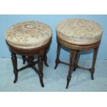 Two various inlaid mahogany revolving piano stools, each with cream, floral upholstered seats.