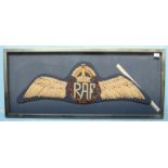 A large framed RAF badge collage made from dried wheat sheaves, the frame 34x85cm, together with two