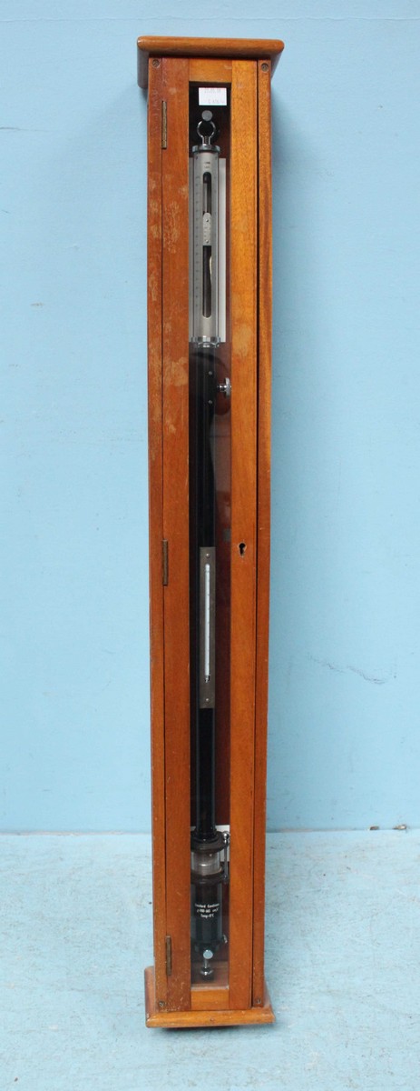 A Fortin scientific stick barometer, black enamelled body, in original glazed stained wood hanging - Image 2 of 3
