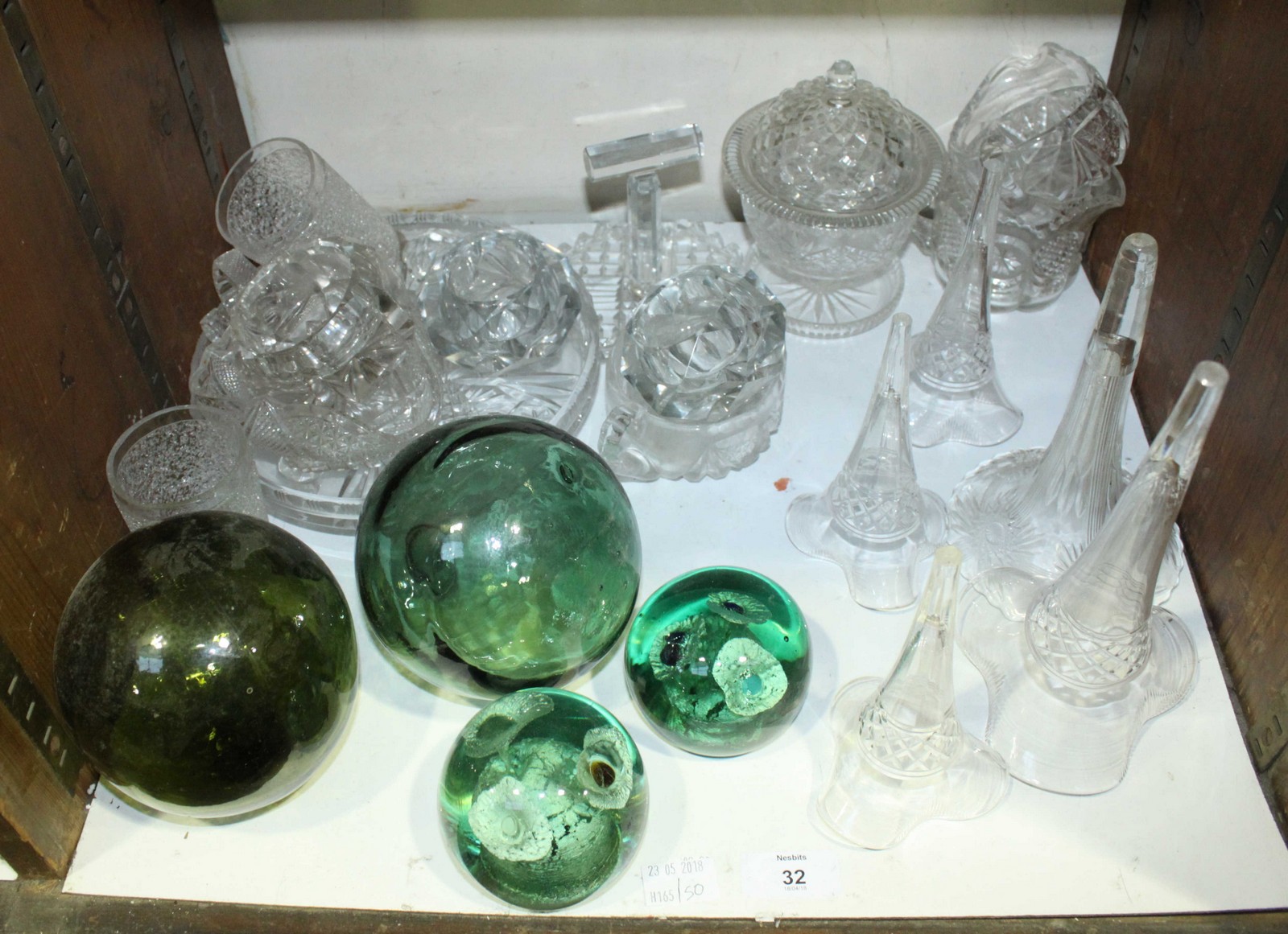 SECTION 32. Two 19th century green glass paperweights, two fishing floats and various glass