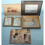 Six various watercolour paintings, including a study of Rye at low tide, an interior scene of a