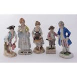 Five assorted porcelain figures including three Volkstedt examples, two emblematic of farming etc.