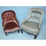 Two button-back nursing chairs, one with floral, turquoise upholstery, the other with salmon, velvet