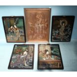 Four Oriental painted glass panels of various ladies, framed, with pierced brass brackets