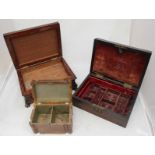 An olive wood tea caddy, the top marked 'Jerusalem', together with a mahogany sarcophagus work box