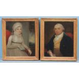 Two early 19th Century half-length portraits of a wigged gentleman and a lady with white dress and