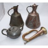 An Indian Kumaon regiment bugle, together with two large copper haystack jugs and a pewter teapot