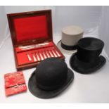 Two top hats and a bowler hat, all by 'Bates' hatters of Jermyn Street, London, together with a