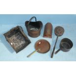 Various copperware including two coal scuttles, foot warmer, saucepan with pierced hinged cover etc