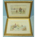 A pair of early 19th / early 20th century watercolours of figures picking flowers with seashore