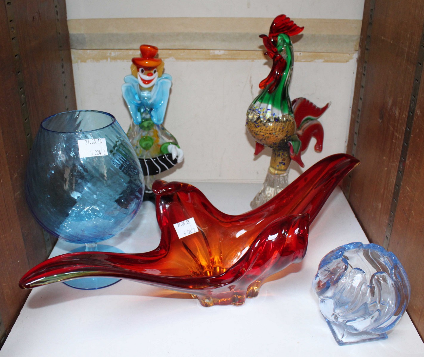 SECTION 23. A Murano glass clown, cockerel and free-form vase, together with two various blue