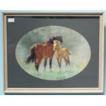 Rosemary Sarah Welch (b1948-). Oval study of a Chestnut mare and Palomino foal, signed 'R. Welch,'