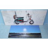 A canvas of a Lambretta scooter, approx. 50x120cm, together with another canvas of boats at low tide