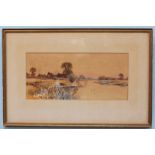 Fraser, FG, river scene with houses and trees beyond, watercolour, signed, mounted, glazed and