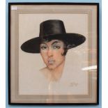 A. Pacheco (20th century) Portrait study of a lady wearing brimmed hat, signed and dated 1988?