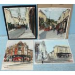 Rouse, local artist, four various oil studies, one depicting the clothes shop 'Chantelle' in Elm