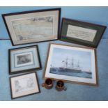 Five assorted prints including a chart of the Spithead Fleet Review 1902 and a note of provenance to