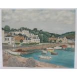 A . Muir (20th century) Harbour-side landscape scene depicting boats with a town and trees beyond,