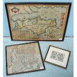 Three antique hand-coloured maps including Wight Island by John Speed, 1610-1611, glazed front and