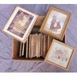 Eighteen small framed prints, some signed by John Austen, a watercolour of a man carrying a child,