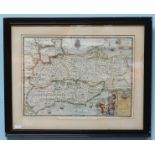 After Saxton, a hand-coloured printed map of Kent, Sussex, Surrey and Middlesex, 42x58cm framed,