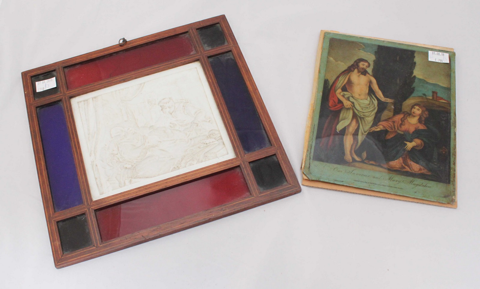 Two various religious plaques, one depicting 'Our Saviour and Mary Magdalene' 25.5 x 20.5cm, the