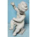 A painted plaster sculpture of a child sat on a pedestal with one arm raised. 46cm high.