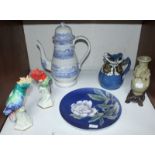 SECTION 11. An early 19th century blue & white printed large pottery coffee pot, pair of porcelain