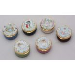 A set of six Crummles & Co circular enamel pill boxes including Peter Rabbit, Benjamin, Jemima