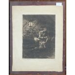 A monochrome etching entitled 'The Music' depicting a man at a piano, indistinctly signed and