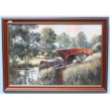 Antony Warren (20th century) Canal scene with canal boat and figure by a bridge, signed, oil on