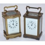 Two French brass cased carriage clocks with white dials, black Roman numerals, four bevelled glass