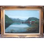 A 20th century river landscape scene depicting the Norwegian Fjords, with buildings and boats by a
