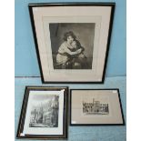 Three assorted monochrome prints, one of a woman and child entitled 'Madame le Brun and Child' 43