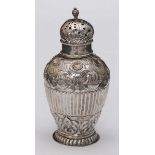 A Continental silver sugar sifter, of baluster form, decorated with shells and strawberries,