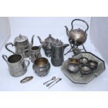 A small quantity of assorted silver-plated items including teapots, jugs, trays and open salts