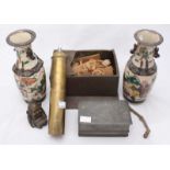 A collection of Oriental wooden figures and rickshaw's etc, together with a brass spice mill, a