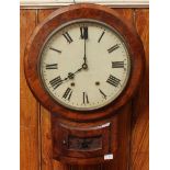 A Victorian walnut drop dial wall clock, the cream painted dial with black Roman numerals, and small