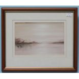 Norman Round (20th century) Misty lake scene with mountains, unsigned with gallery label to verso,