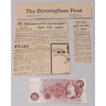 A Jasper Hollom ERII Ten Shillings note, erroneously printed to the reverse, No. W71 040160, (