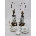 A pair of Chinese porcelain vases converted to table lamps together with a Chinese dish decorated