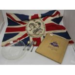 A 1937 Royal Commemorative Union Jack, together with a commemorative glass plate, a Coronation